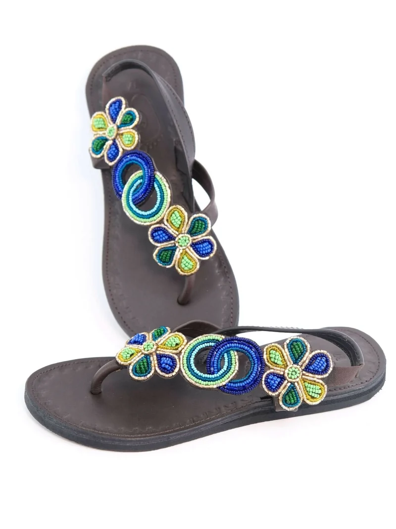 Azu's Beaded Backstrap Sandals - Blues / Green / Gold
