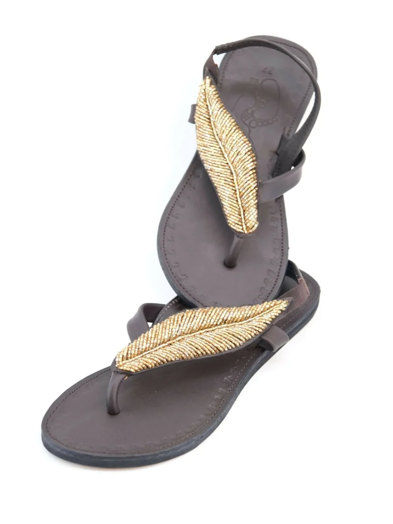Azu's Casual Leaf Backstrap Sandals - Dark Brown / Gold Beads