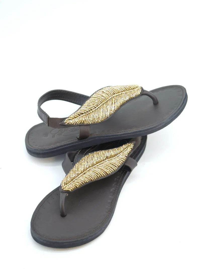 Azu's Casual Leaf Backstrap Sandals - Dark Brown / Gold Beads