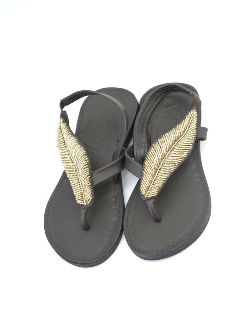 Azu's Casual Leaf Backstrap Sandals - Dark Brown / Gold Beads