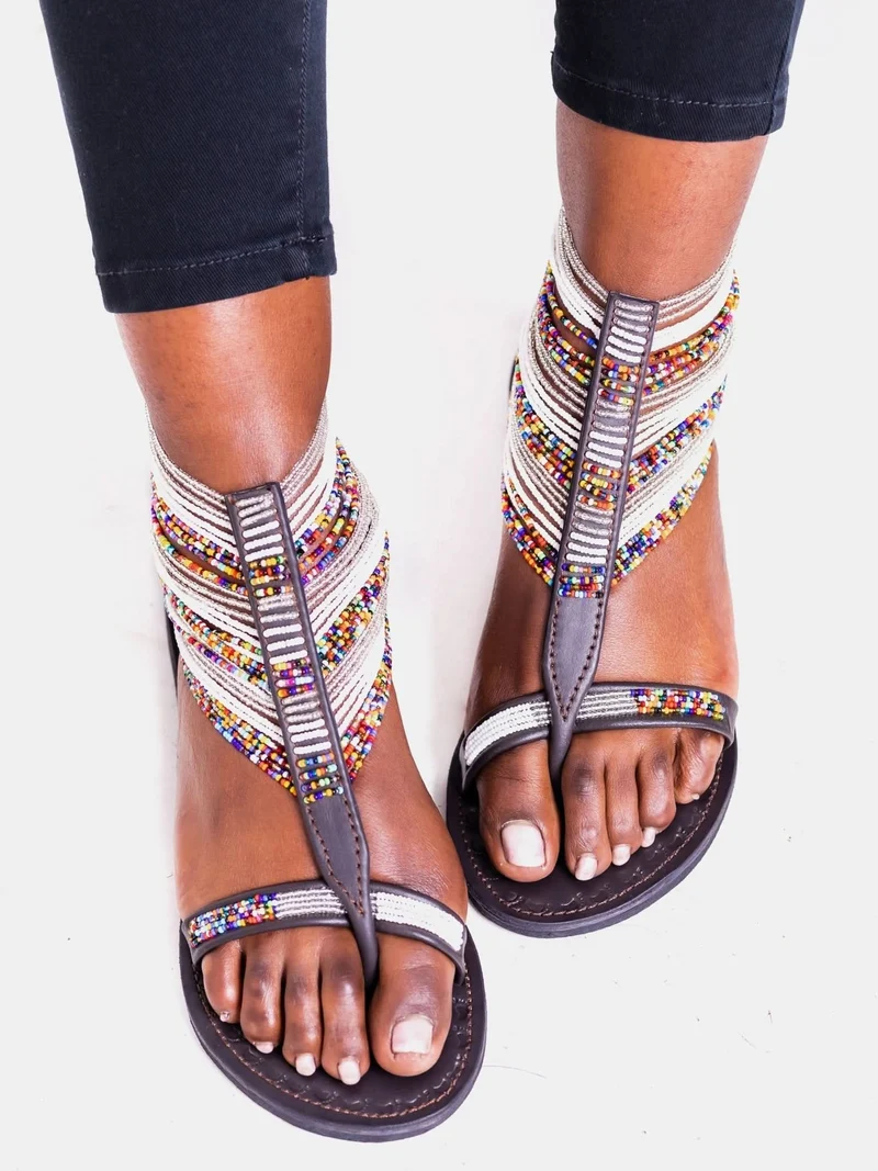 Azu Suzie Chain Zip Sandals - Silver/White/Mix Beads