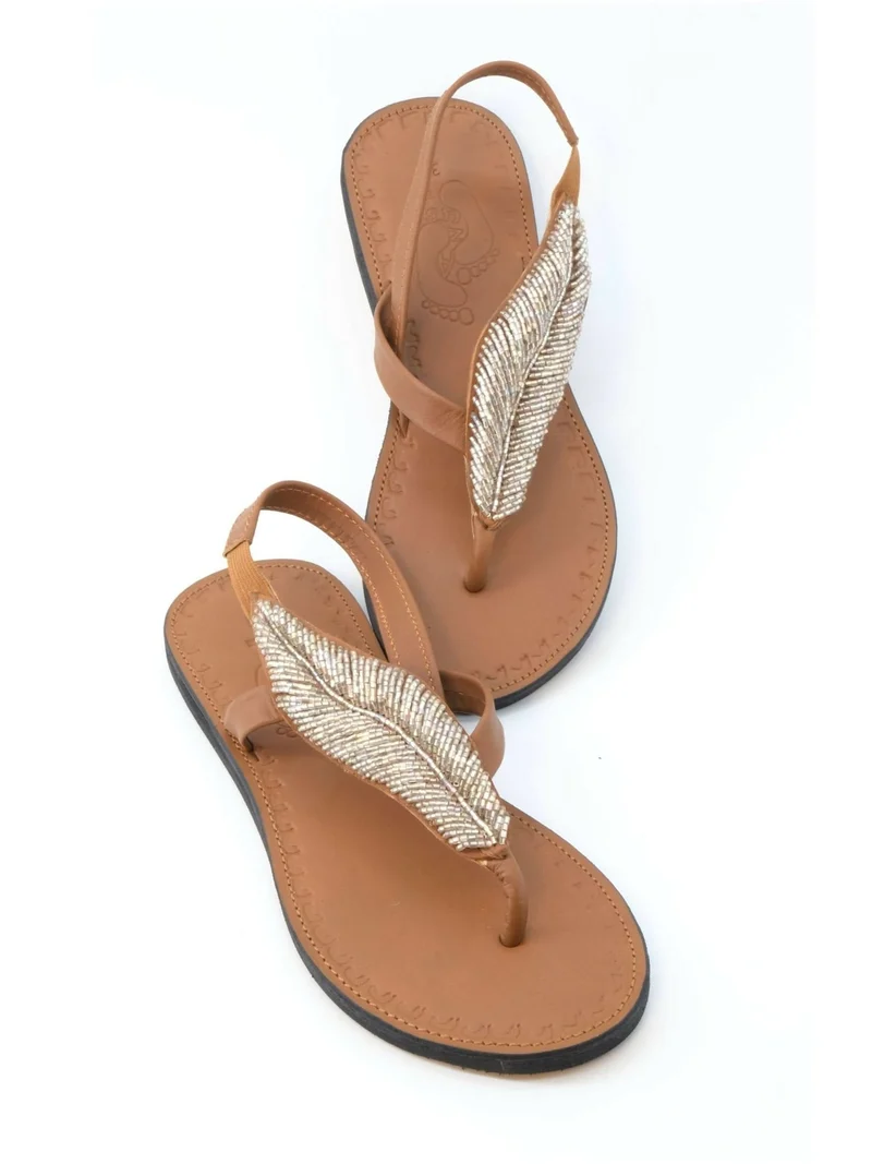 Azu's Leaf Backstrap Sandals - Silver Print / Tan Leather