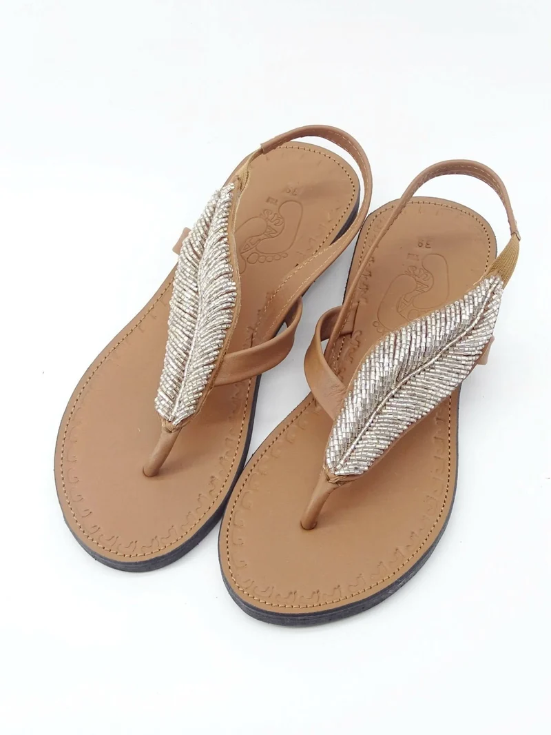 Azu's Leaf Backstrap Sandals - Silver Print / Tan Leather