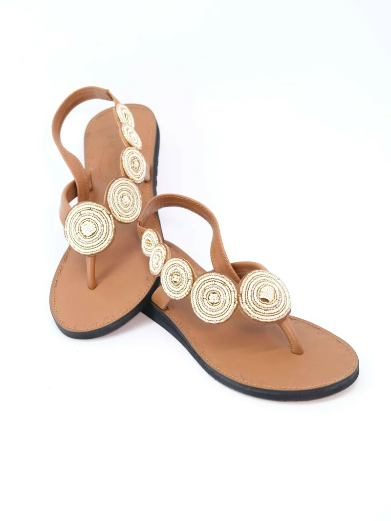 Azu's Beaded Backstrap Sandals - Cream / Gold