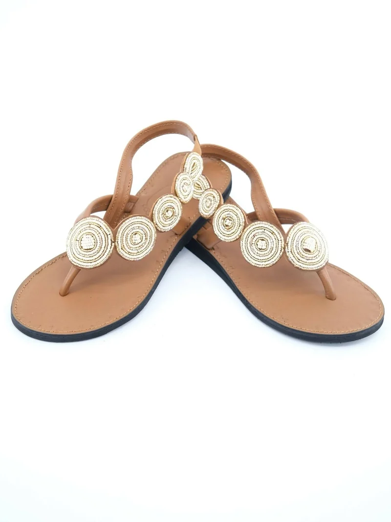 Azu's Beaded Backstrap Sandals - Cream / Gold