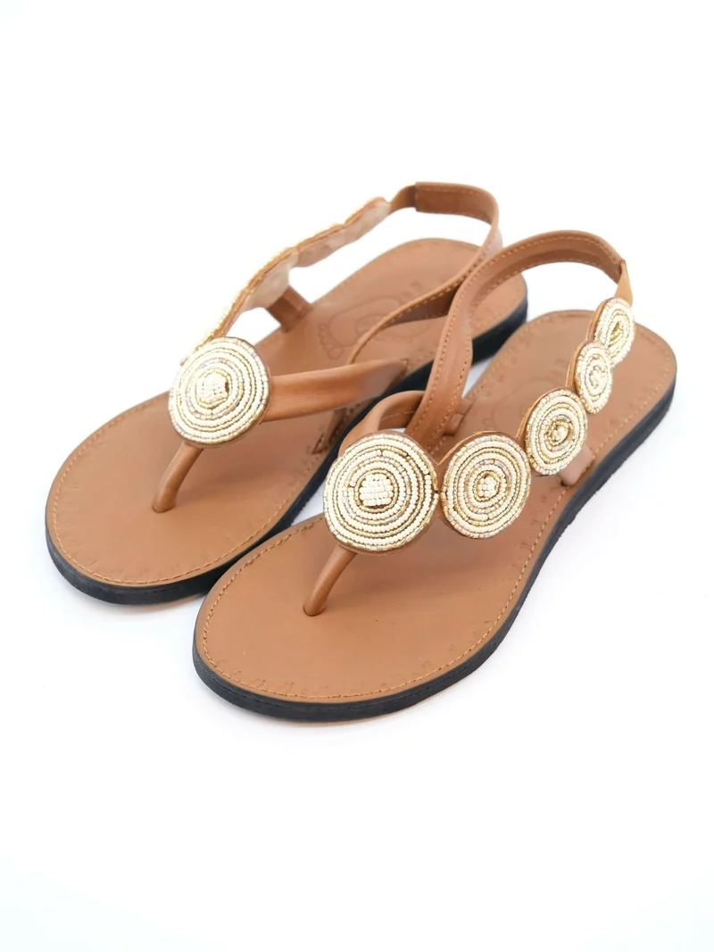 Azu's Beaded Backstrap Sandals - Cream / Gold