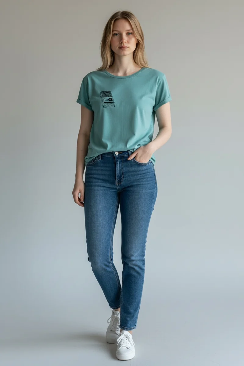 Kassettenrekorder Rolled-Sleeve Damen T-Shirt – Stone Washed Sage Green