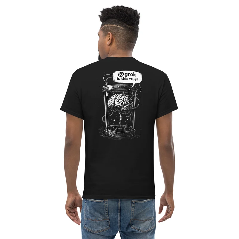 Brain in a vat asking AI - Back Print - Unisex Classic T-Shirt