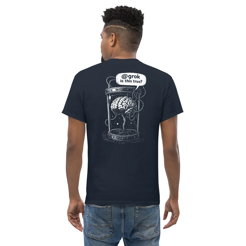 Brain in a vat asking AI - Back Print - Unisex Classic T-Shirt