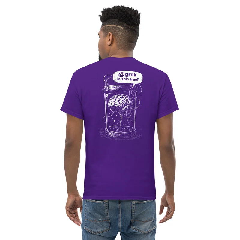 Brain in a vat asking AI - Back Print - Unisex Classic T-Shirt