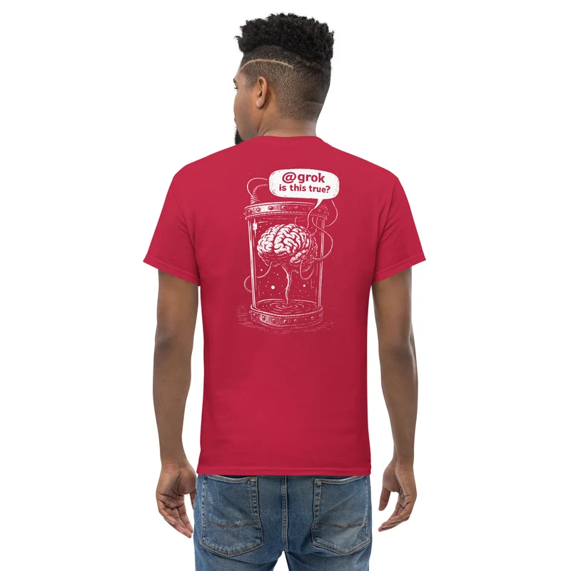 Brain in a vat asking AI - Back Print - Unisex Classic T-Shirt
