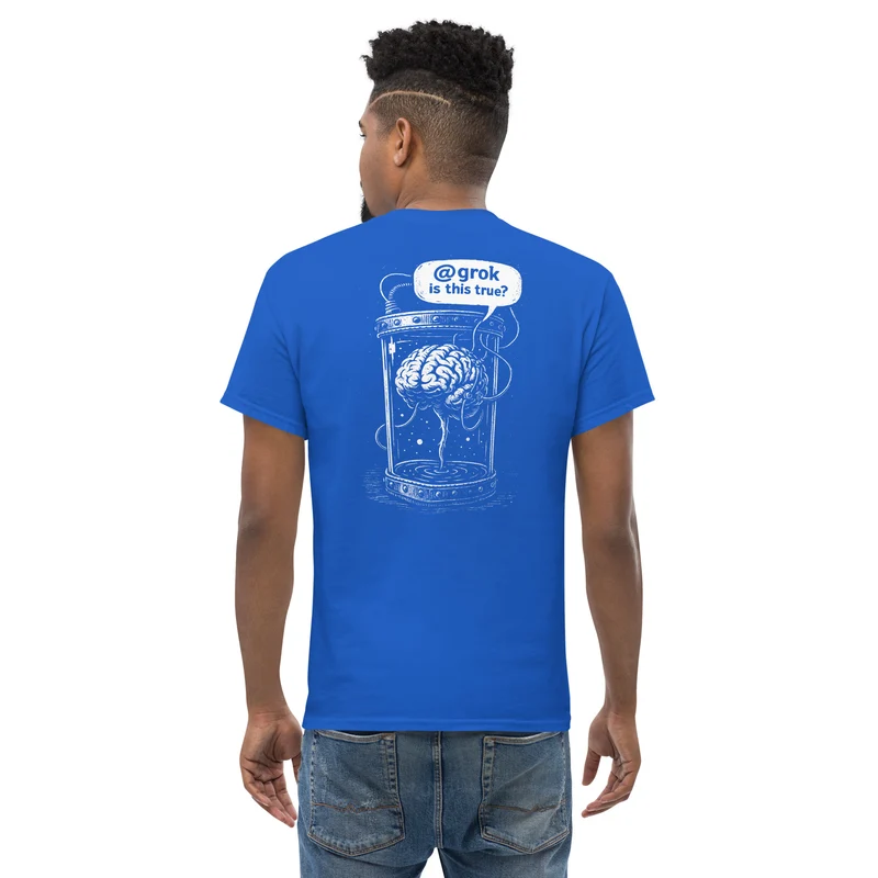 Brain in a vat asking AI - Back Print - Unisex Classic T-Shirt