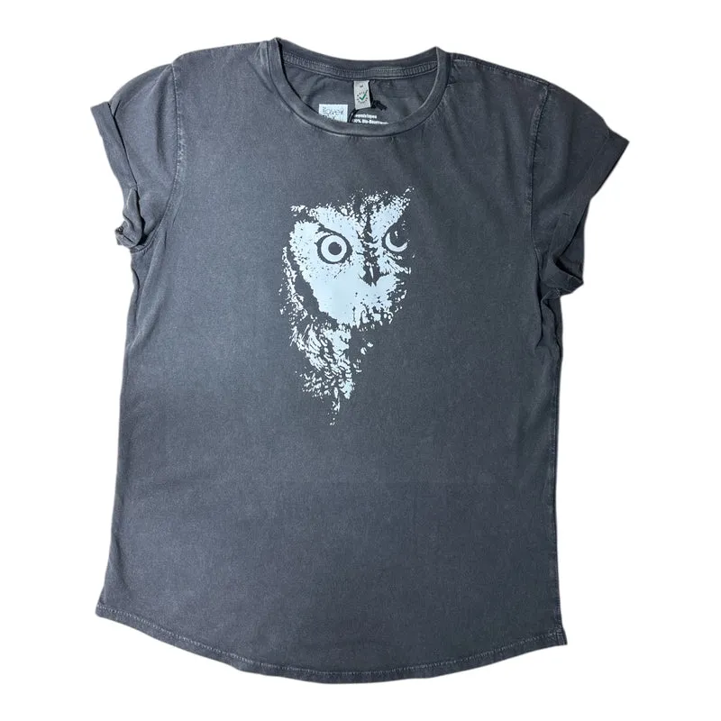 Eule Rolled-Sleeve Damen T-Shirt – Stone Washed Grey