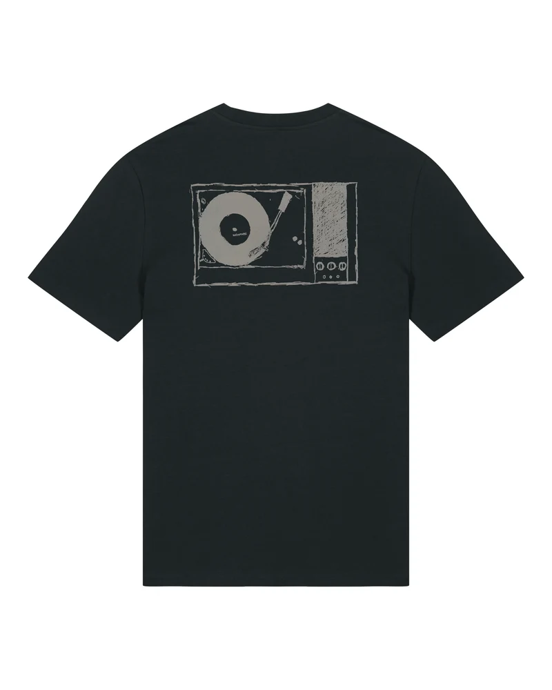 Plattenspieler Unisex T-Shirt – handbedruckt | Schwarz, Front- & Rückenprint