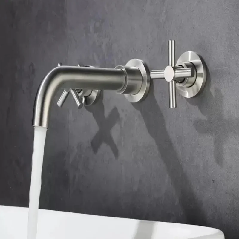 Brushed Silver Cross-Handle Wall Faucet
