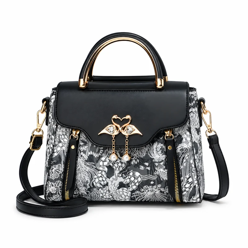 Bird-Charm Printed Shoulder Bag