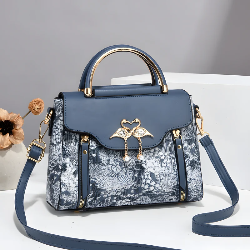 Bird-Charm Printed Shoulder Bag