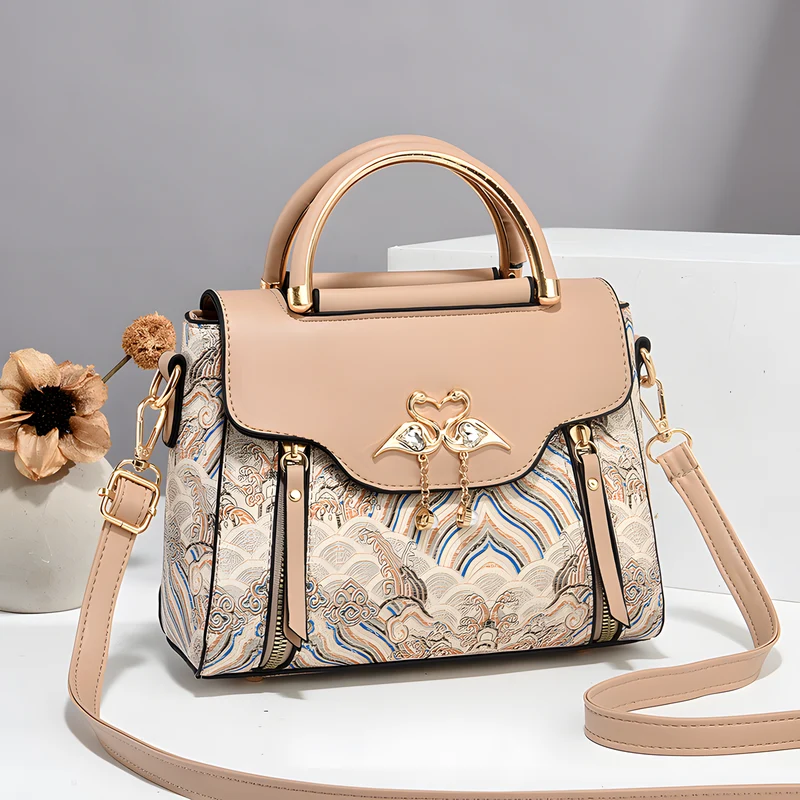 Bird-Charm Printed Shoulder Bag
