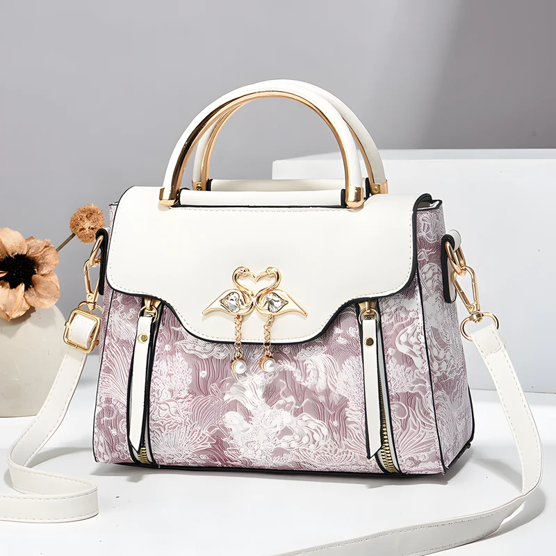 Bird-Charm Printed Shoulder Bag