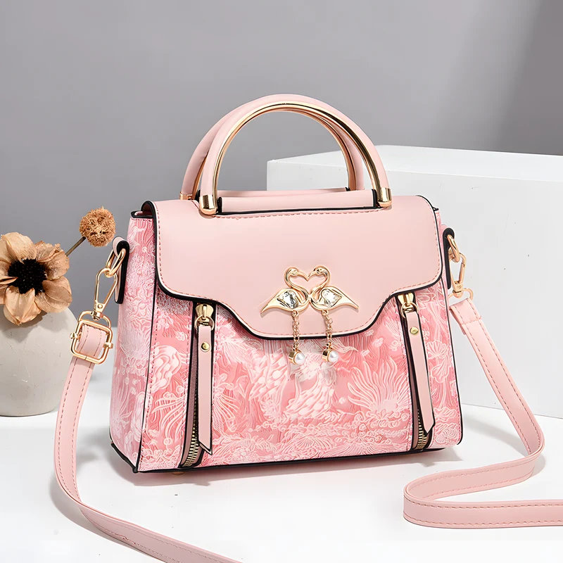 Bird-Charm Printed Shoulder Bag