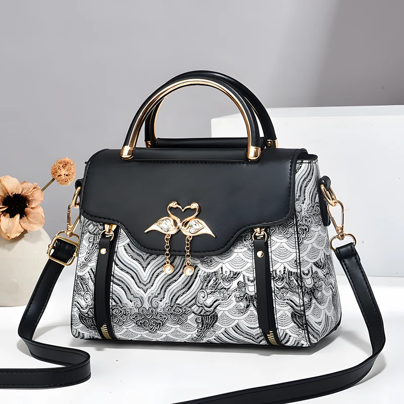 Bird-Charm Printed Shoulder Bag