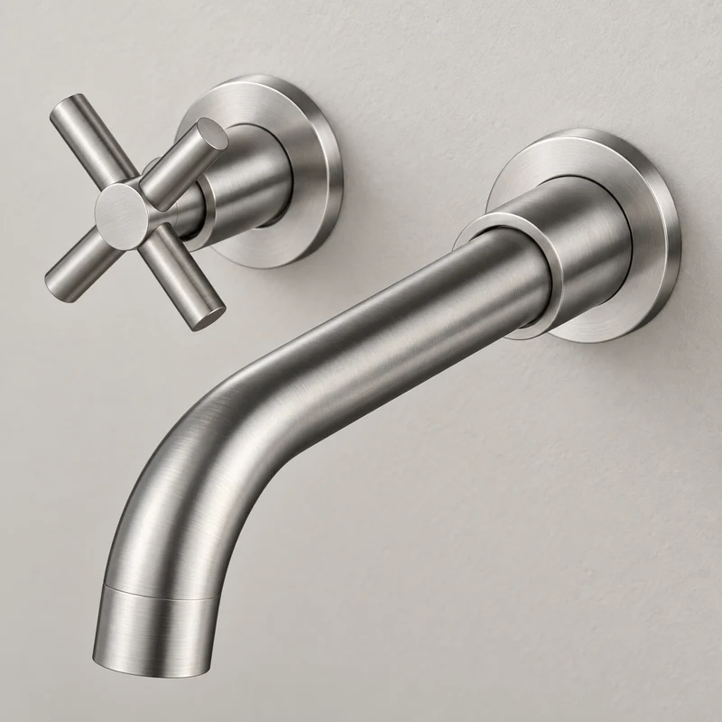 Brushed Silver Cross-Handle Wall Faucet