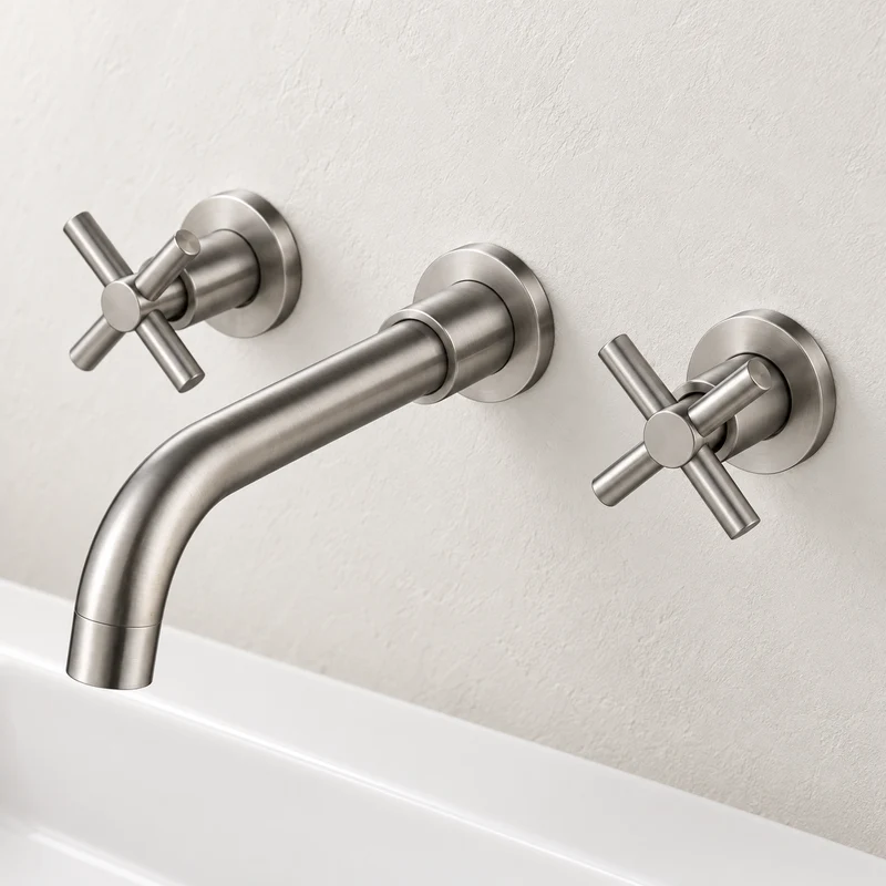 Brushed Silver Cross-Handle Wall Faucet