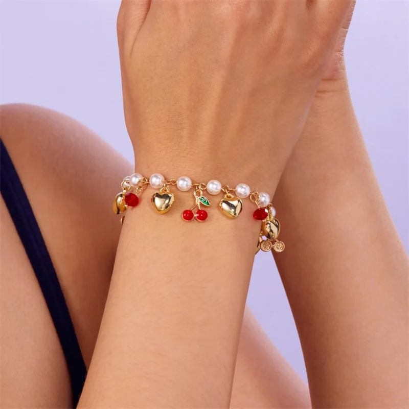 Pearl-Look Fruit and Heart Charm Bracelet