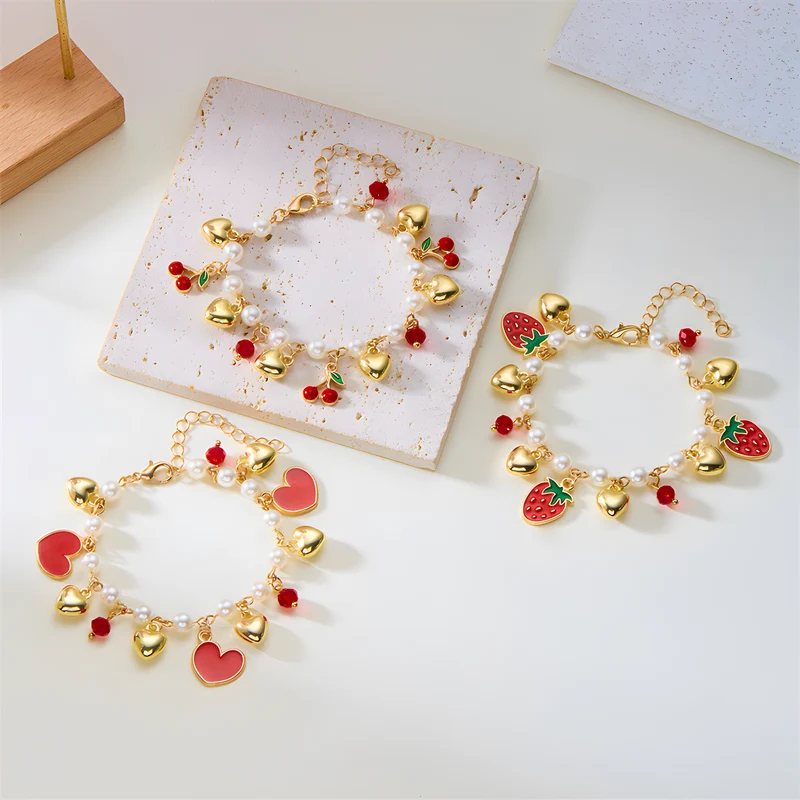 Pearl-Look Fruit and Heart Charm Bracelet