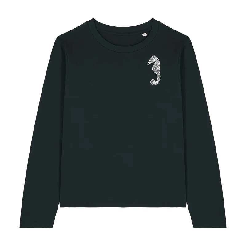 Kleines Seepferdchen Langarm-Damen-T-Shirt – Relaxed Fit | Black