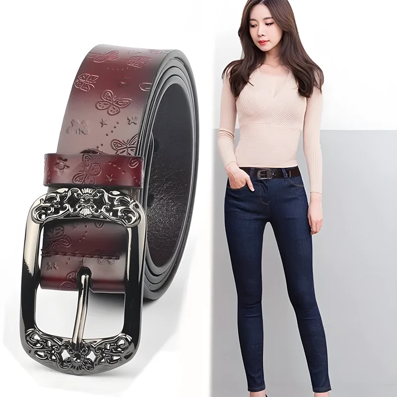 Embossed Butterfly Leather Belt