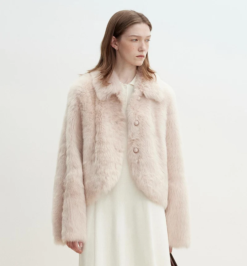 "Autumn Secret" Pink Lapel Tuscan Straight Fur Sheepskin Short Jacket