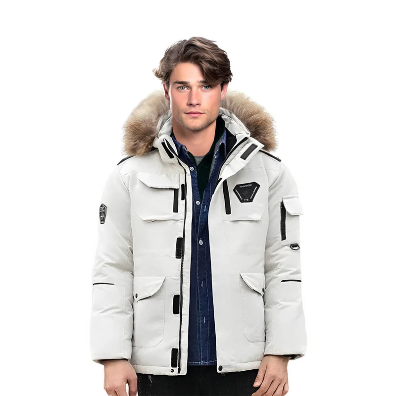 White Large Winter Fur Hooded Down Jacket Stylish Lightweight Quilted Warm Puffer Coat