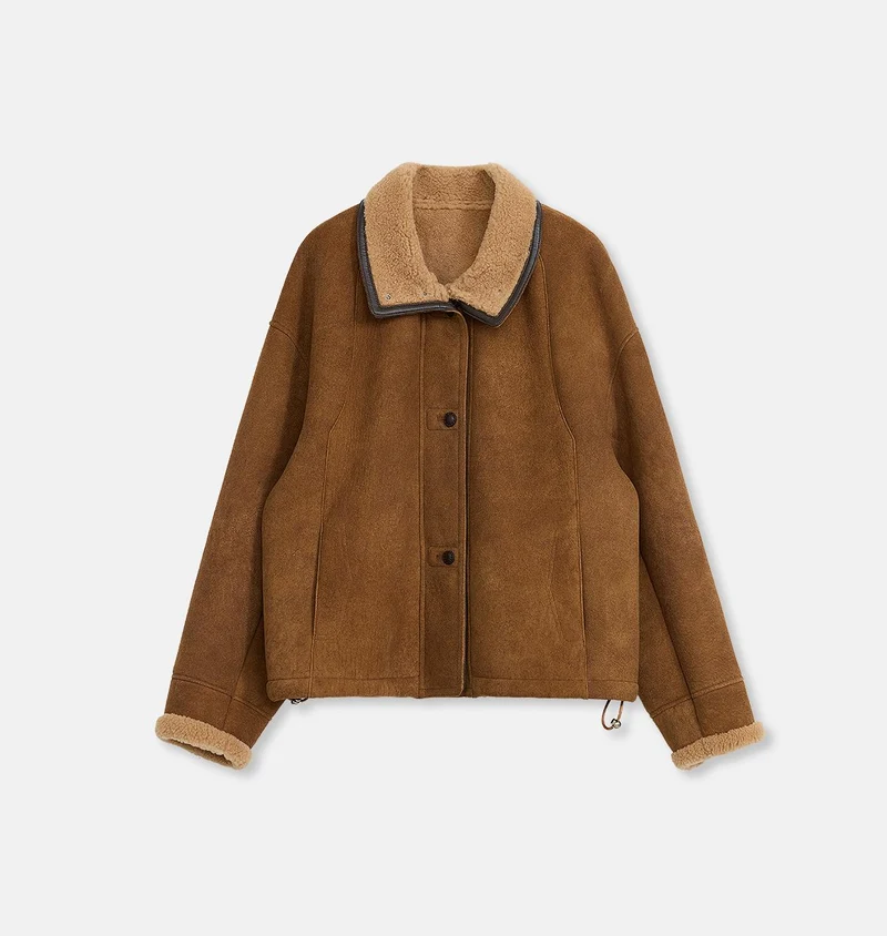 Merino wool sheepskin coat with fur-faced stand-up collar