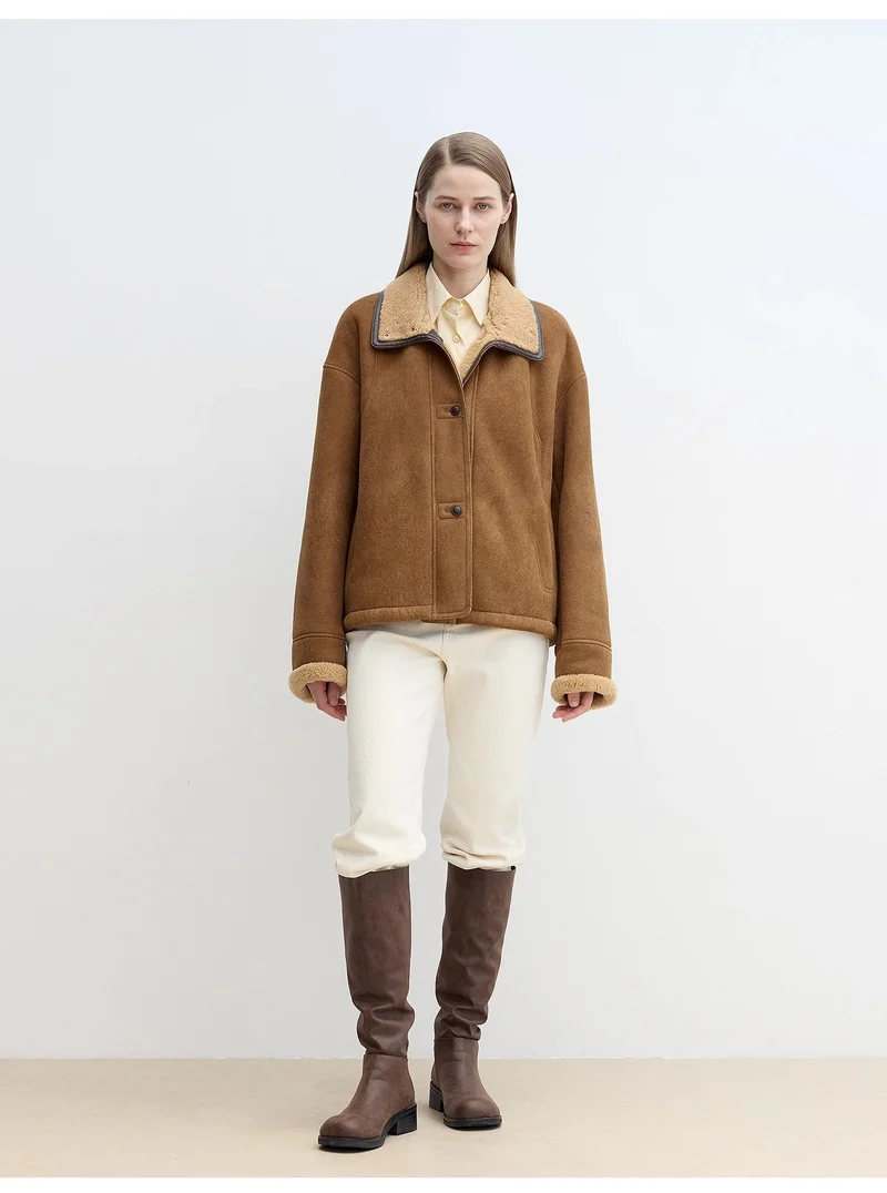 Merino wool sheepskin coat with fur-faced stand-up collar
