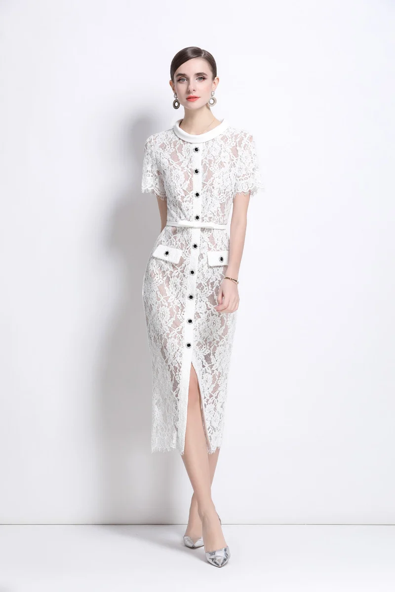 Blanca Slim Fit Round Neck Button Down Lace Dress