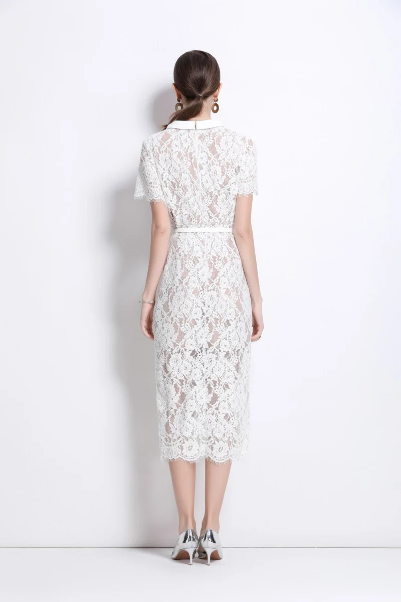 Blanca Slim Fit Round Neck Button Down Lace Dress