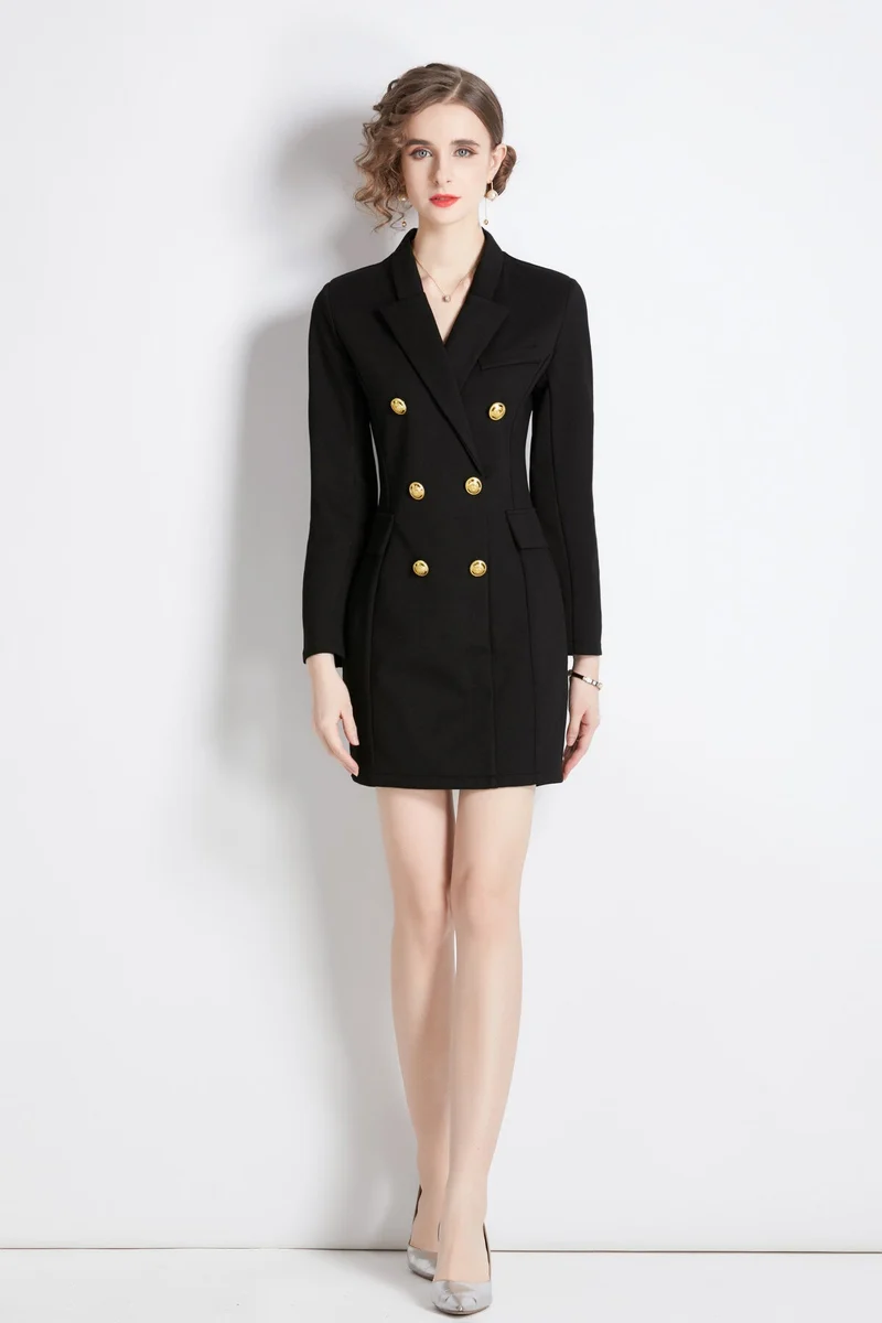 Gold Double Breasted Little Black Blazer Dress