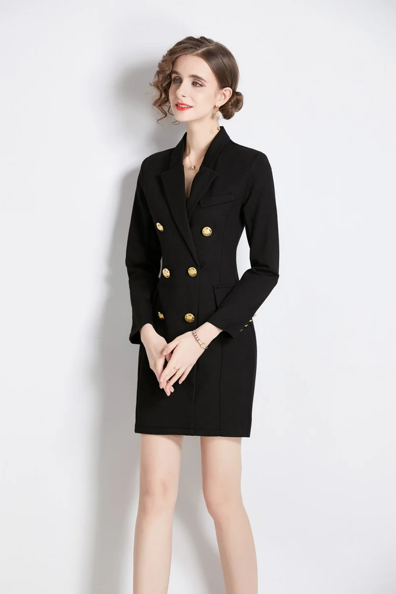 Gold Double Breasted Little Black Blazer Dress