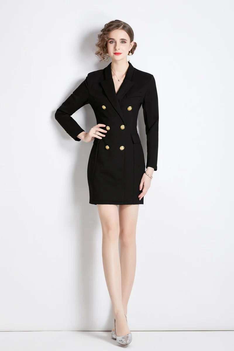 Gold Double Breasted Little Black Blazer Dress