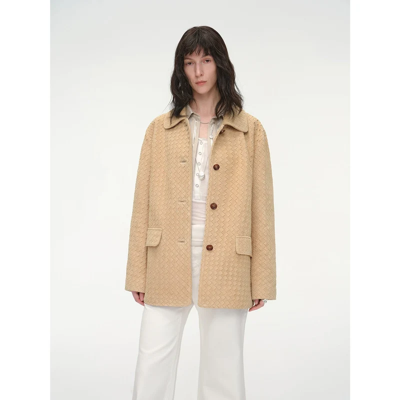 "Rembrandt Night" New Zealand imported lambskin perforated woven leather jacket spring