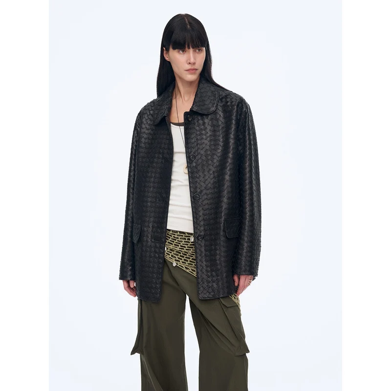 "Rembrandt Night" New Zealand imported lambskin perforated woven leather jacket spring