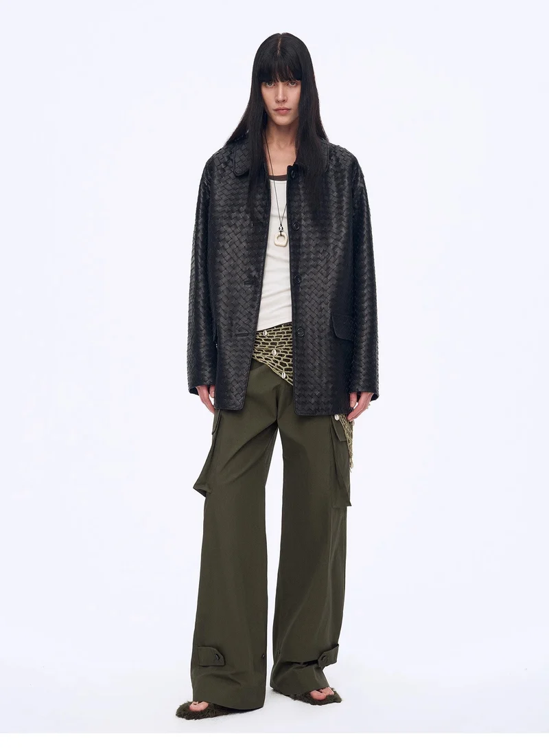 "Rembrandt Night" New Zealand imported lambskin perforated woven leather jacket spring