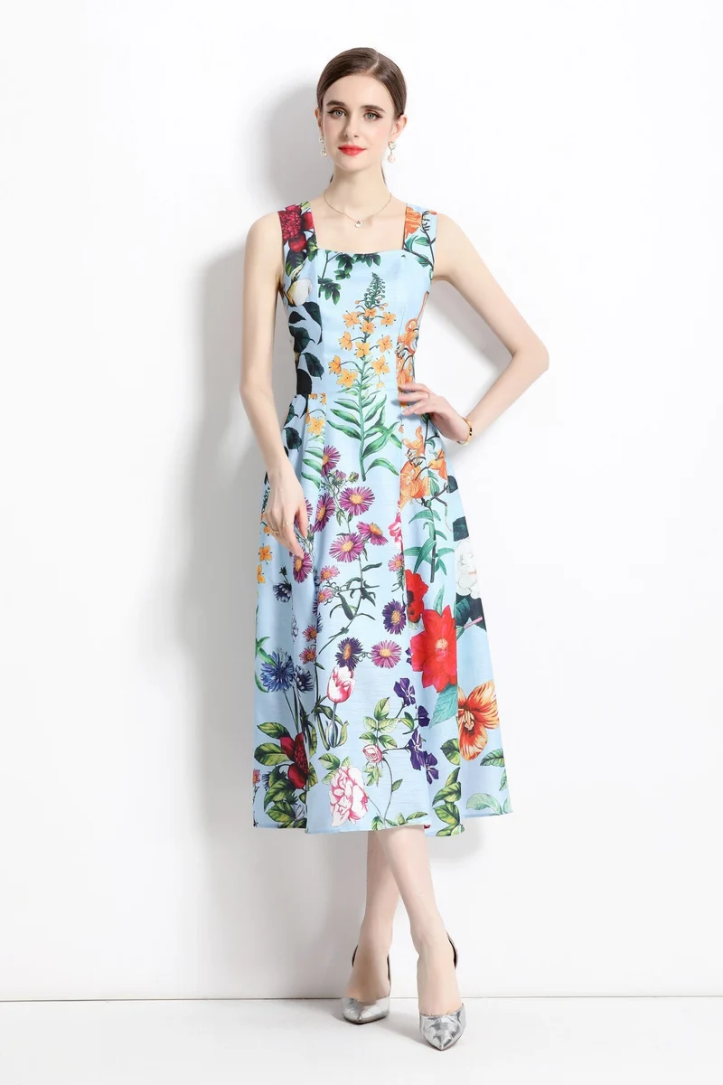 French Vintage Blue Floral High Waist Thick Strap Dress