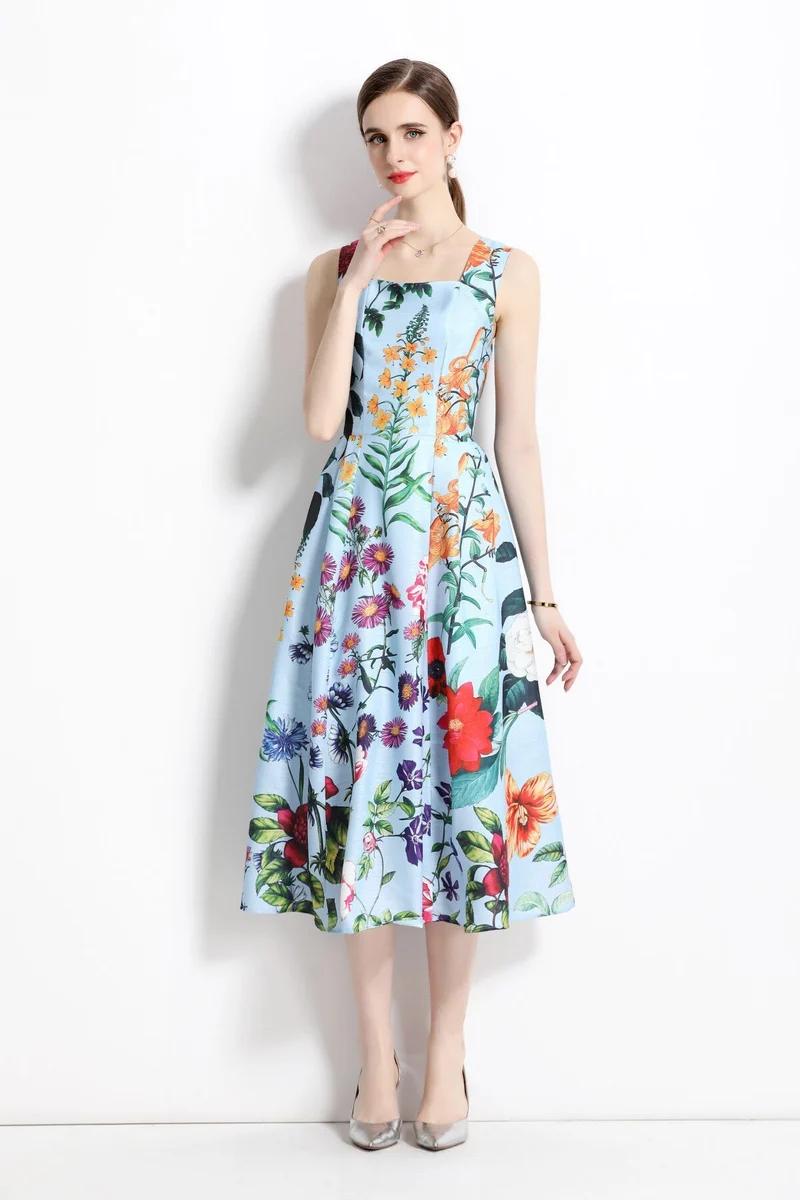French Vintage Blue Floral High Waist Thick Strap Dress
