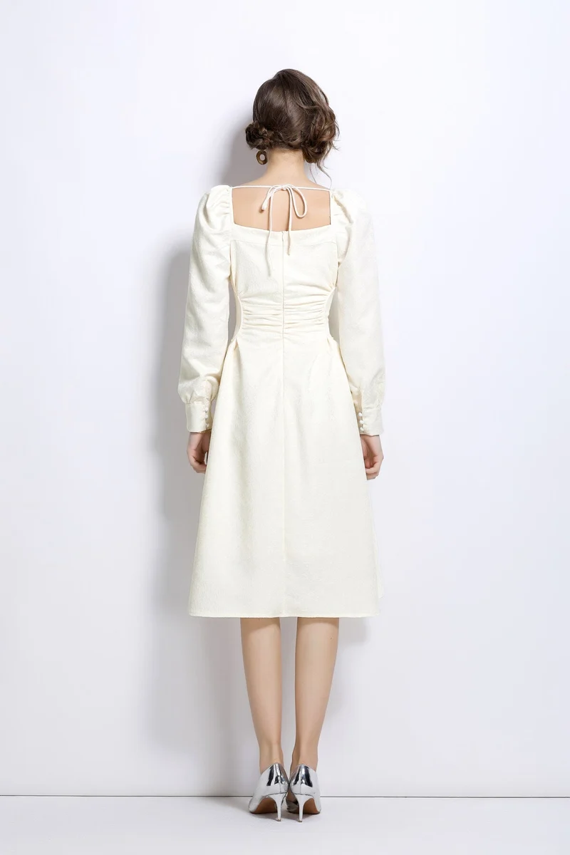 White Sweetheart Embellished Puff Sleeve Midi Dress
