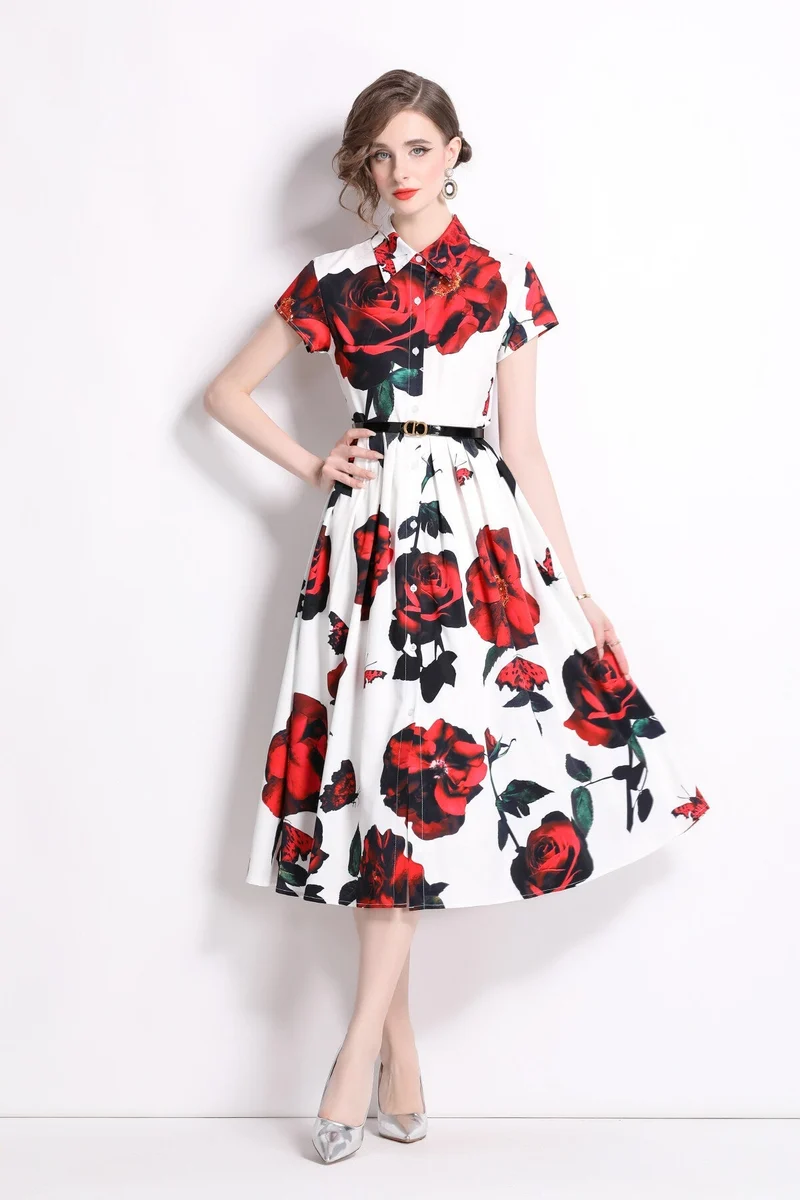 Romantic Rose Lapel Collar Shirt Dress