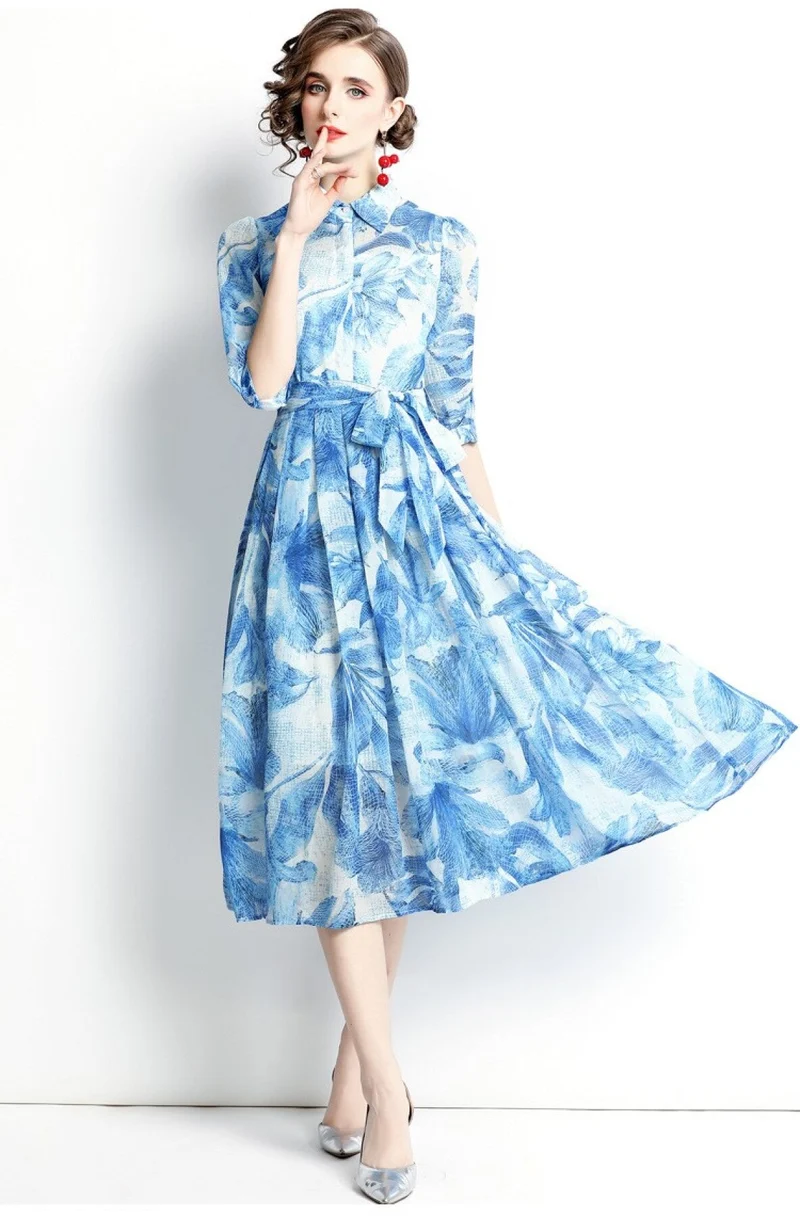 Spring Blue Floral Shirt Dress