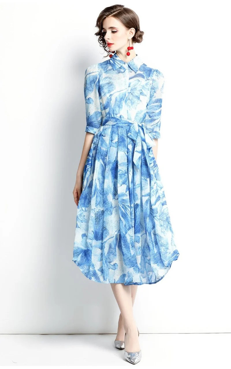 Spring Blue Floral Shirt Dress