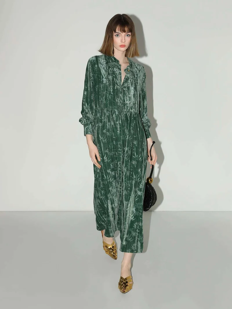 Green Bamboo Leaf and Knotted Button Dress